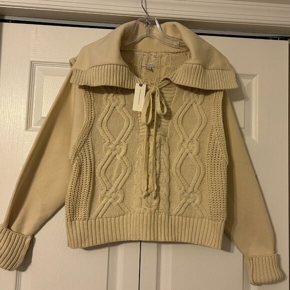 Anthropologie PILCRO Sz XS Beige Cable Knit Sweater Sweatshirt Collar Cuffs - Picture 3 of 11